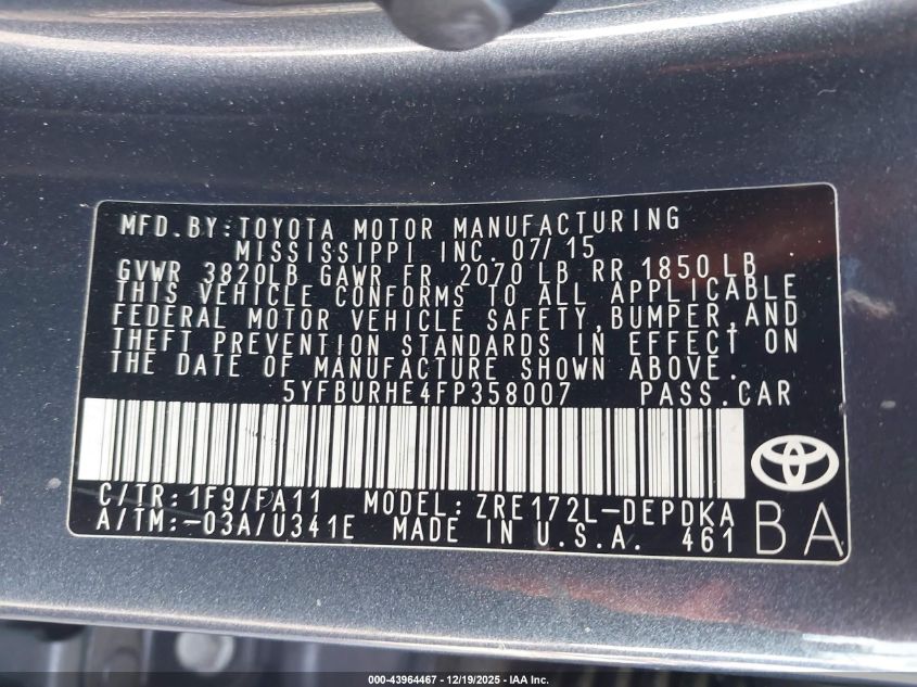 2015 Toyota Corolla L VIN: 5YFBURHE4FP358007 Lot: 43964467