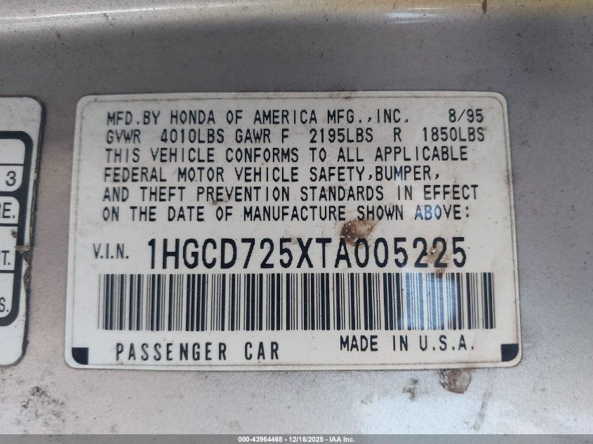 1996 Honda Accord Ex/Ex-R VIN: 1HGCD725XTA005225 Lot: 43964468