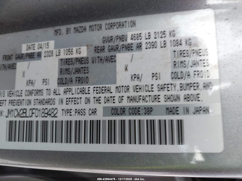 2015 Mazda Mazda5 Sport VIN: JM1CW2BL0F0189482 Lot: 43964476