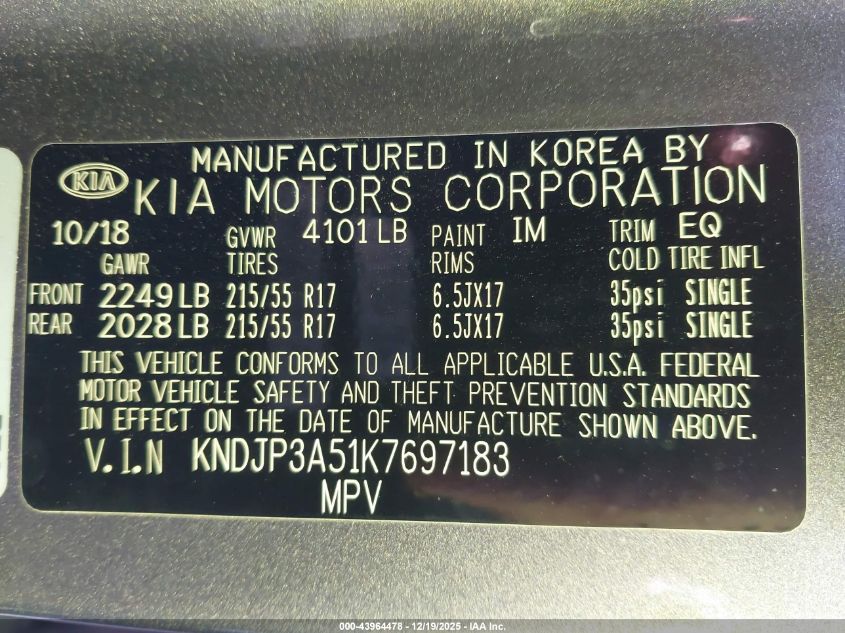 2019 Kia Soul + VIN: KNDJP3A51K7697183 Lot: 43964478