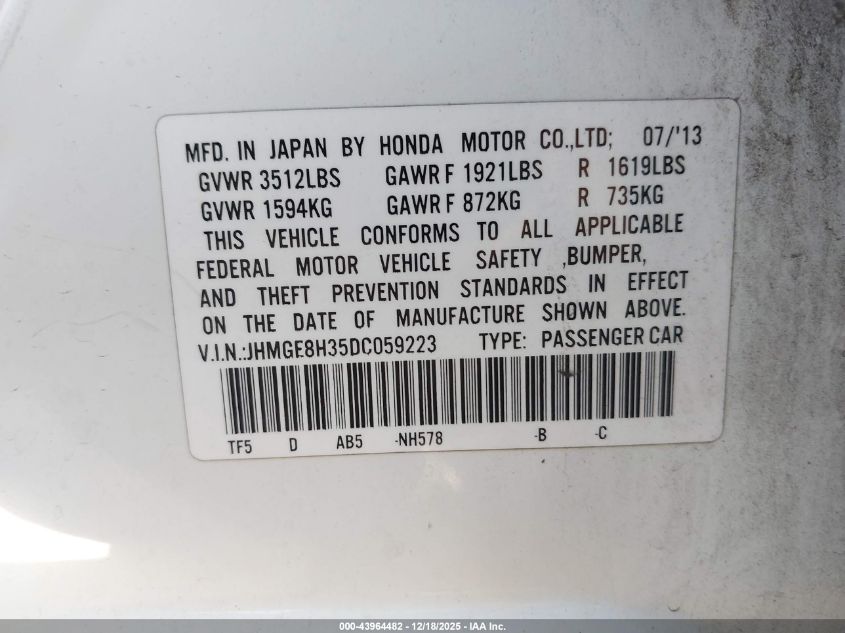 2013 Honda Fit VIN: JHMGE8H35DC059223 Lot: 43964482