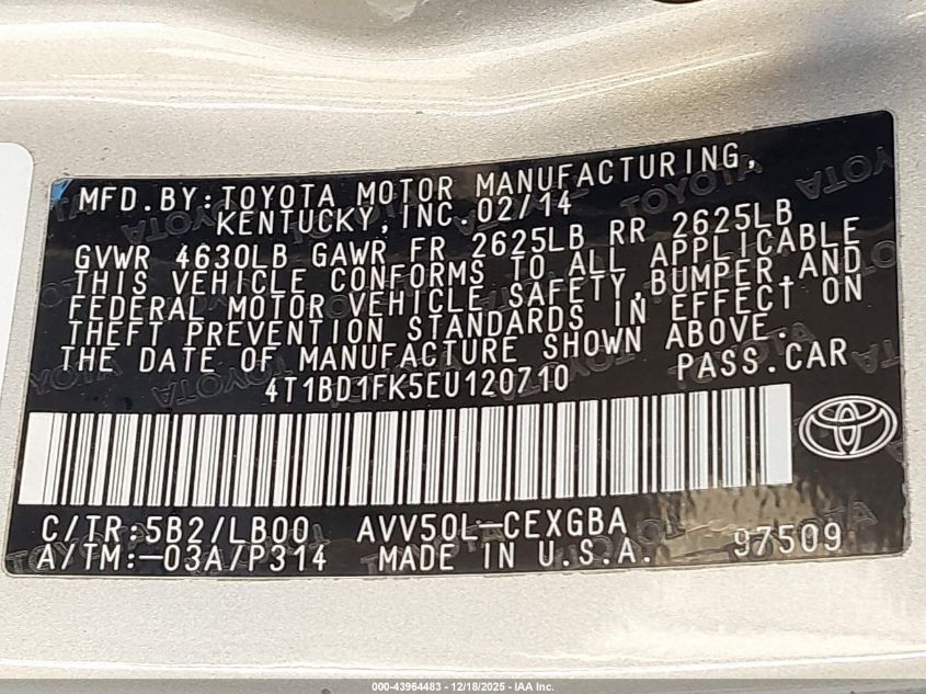 2014 Toyota Camry Hybrid Xle VIN: 4T1BD1FK5EU120710 Lot: 43964483