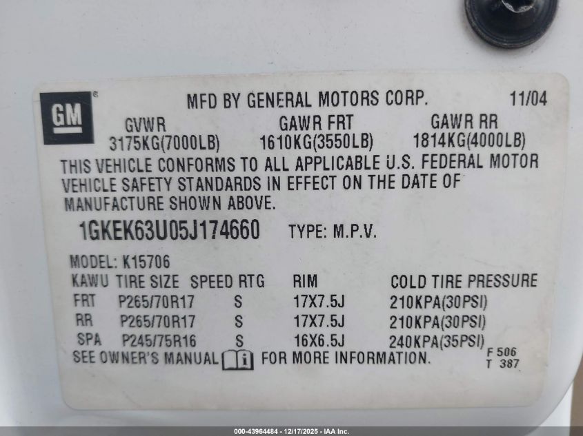 2005 GMC Yukon Denali VIN: 1GKEK63U05J174660 Lot: 43964484