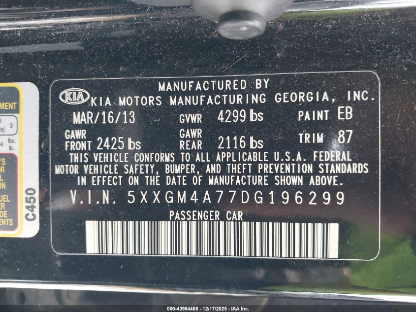 2013 Kia Optima Lx VIN: 5XXGM4A77DG196299 Lot: 43964488