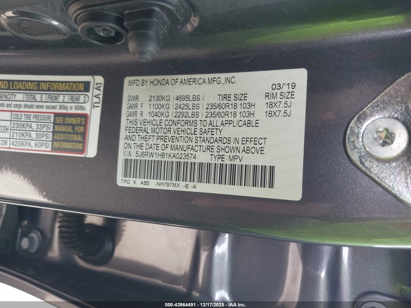 VIN 5J6RW1H81KA023574 2019 HONDA CR-V EX-L