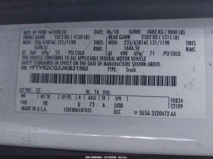 2018 Ford Transit-250 VIN: 1FTYR2CG3JKB21592 Lot: 43964494