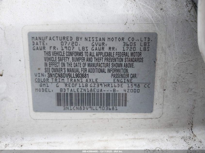 2020 Nissan Versa S Xtronic Cvt VIN: 3N1CN8DV9LL903681 Lot: 43964495