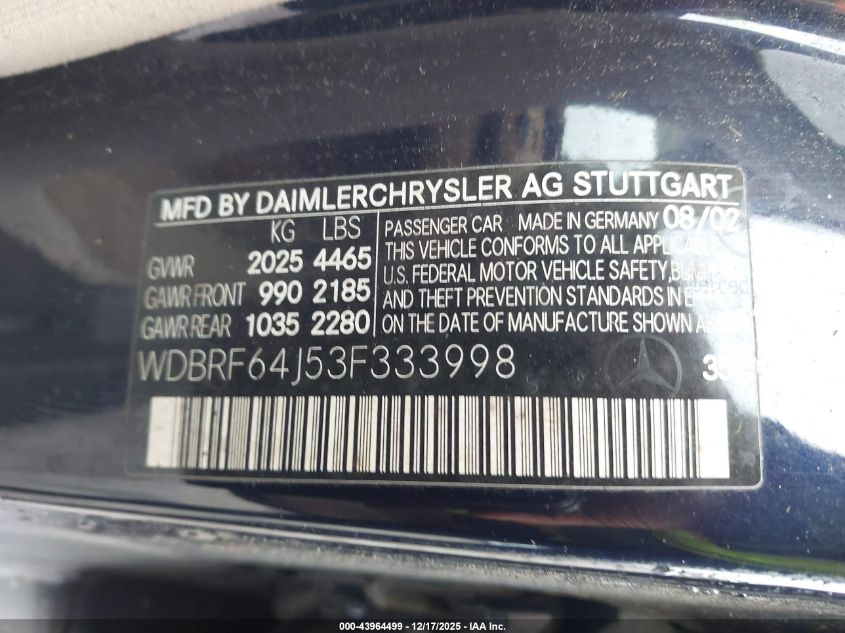 2003 Mercedes-Benz C 320 Sport VIN: WDBRF64J53F333998 Lot: 43964499