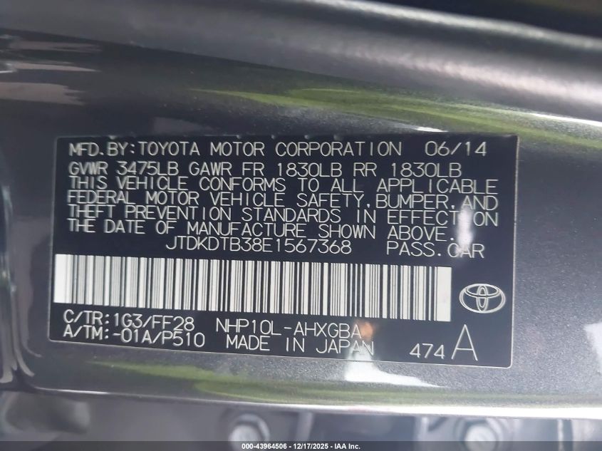 2014 Toyota Prius C Three VIN: JTDKDTB38E1567368 Lot: 43964506
