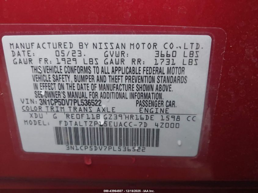 2023 Nissan Kicks Sr Xtronic Cvt VIN: 3N1CP5DV7PL536522 Lot: 43964507