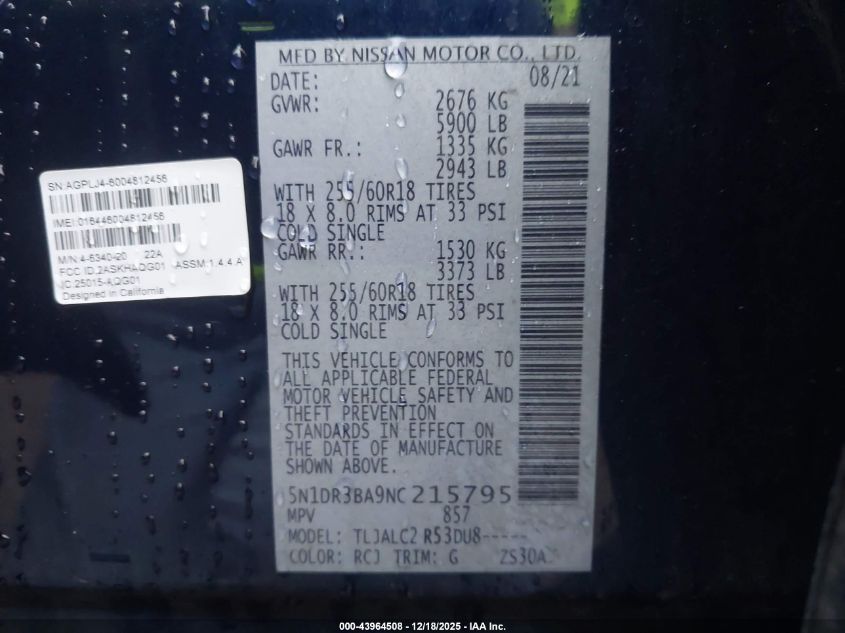 2022 Nissan Pathfinder Sv 2Wd VIN: 5N1DR3BA9NC215795 Lot: 43964508