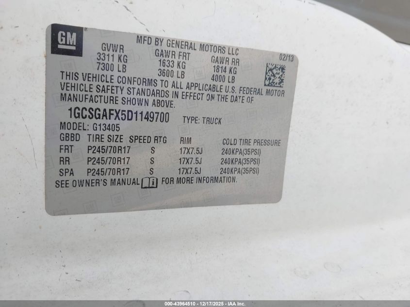 2013 Chevrolet Express 1500 Work Van VIN: 1GCSGAFX5D1149700 Lot: 43964510