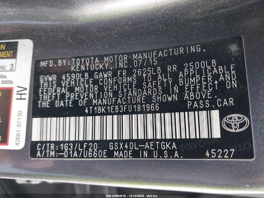 2015 Toyota Avalon Xle Premium VIN: 4T1BK1EB3FU181966 Lot: 43964516