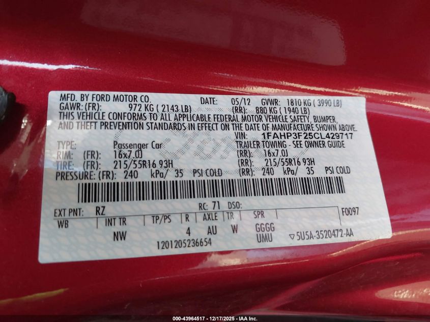 2012 Ford Focus Se VIN: 1FAHP3F25CL429717 Lot: 43964517