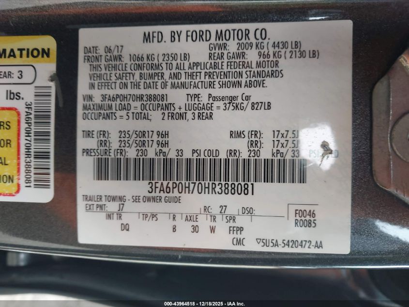 2017 Ford Fusion Se VIN: 3FA6P0H70HR388081 Lot: 43964518