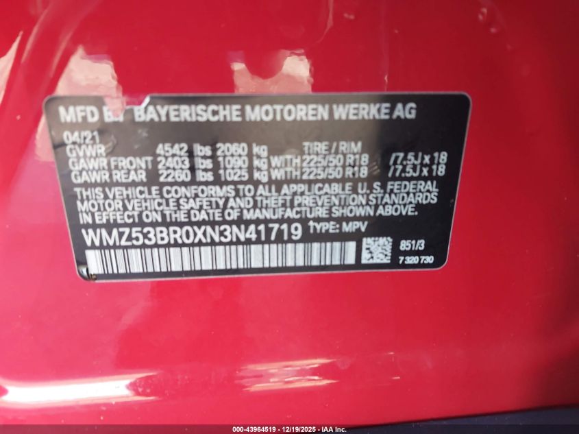 2022 Mini Countryman Cooper S VIN: WMZ53BR0XN3N41719 Lot: 43964519