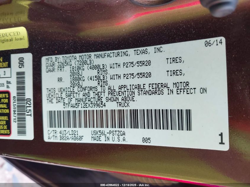 2014 Toyota Tundra 1794 5.7L V8 VIN: 5TFAW5F12EX399654 Lot: 43964522