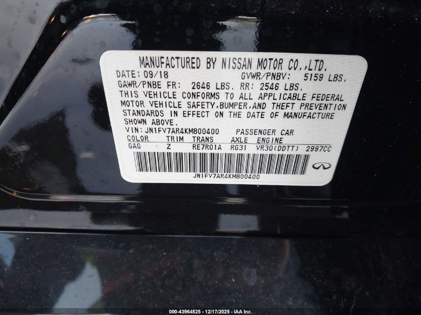 2019 Infiniti Q50 3.0T Red Sport 400 VIN: JN1FV7AR4KM800400 Lot: 43964525