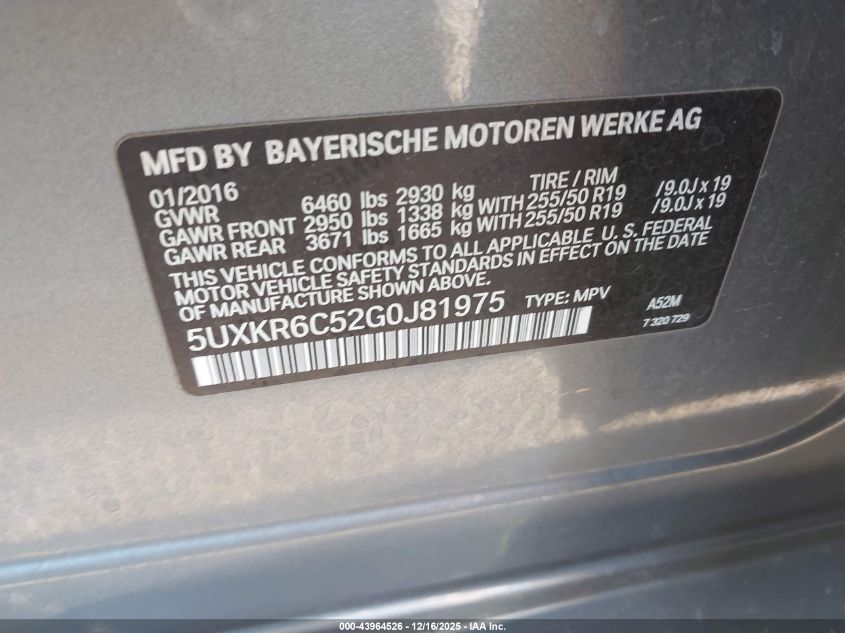 2016 BMW X5 xDrive50I VIN: 5UXKR6C52G0J81975 Lot: 43964526