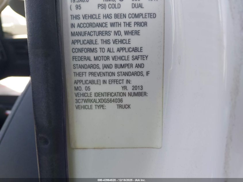 2013 Ram 4500 Chassis Tradesman/Slt VIN: 3C7WRKALXDG564036 Lot: 43964528