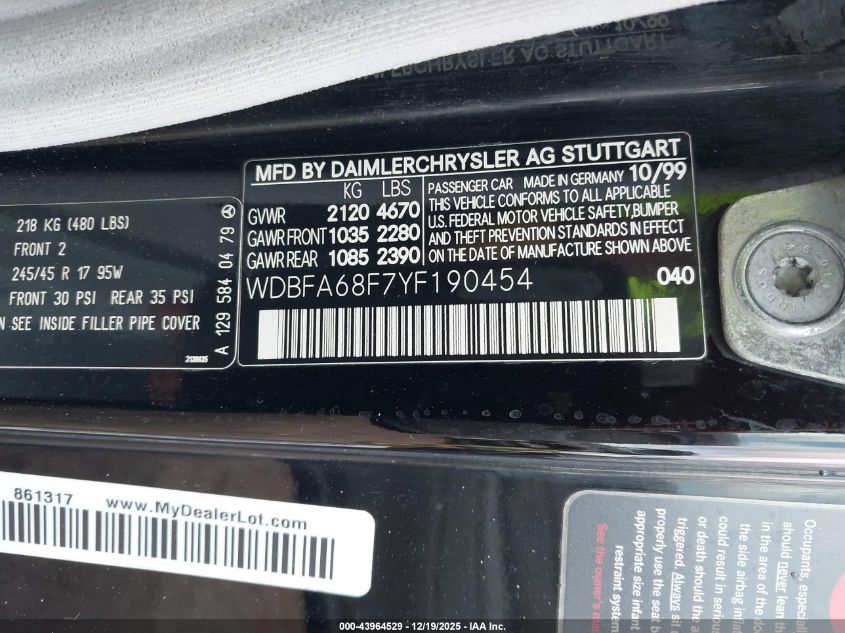 2000 Mercedes-Benz Sl 500 VIN: WDBFA68F7YF190454 Lot: 43964529