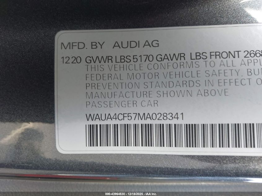 2021 Audi S5 Sportback Premium Tfsi Quattro Tiptronic VIN: WAUA4CF57MA028341 Lot: 43964530