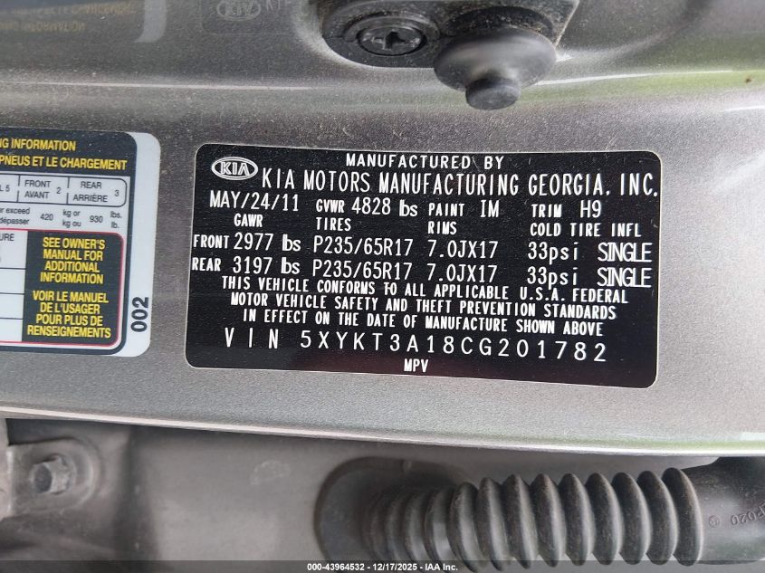 2012 Kia Sorento Lx VIN: 5XYKT3A18CG201782 Lot: 43964532