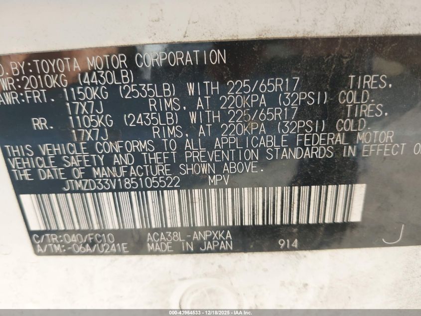 2008 Toyota Rav4 VIN: JTMZD33V185105522 Lot: 43964533