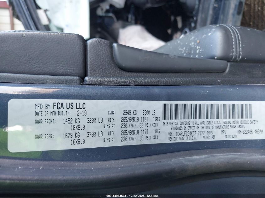 2019 Jeep Grand Cherokee Overland 4X4 VIN: 1C4RJFCG4KC717177 Lot: 43964534