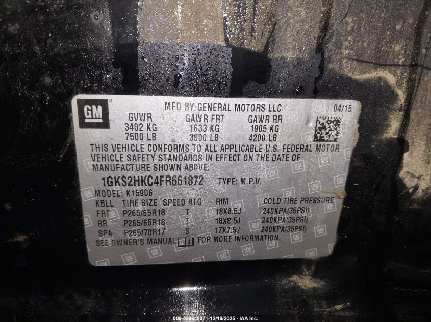 2015 GMC Yukon Xl 1500 Slt VIN: 1GKS2HKC4FR661872 Lot: 43964537