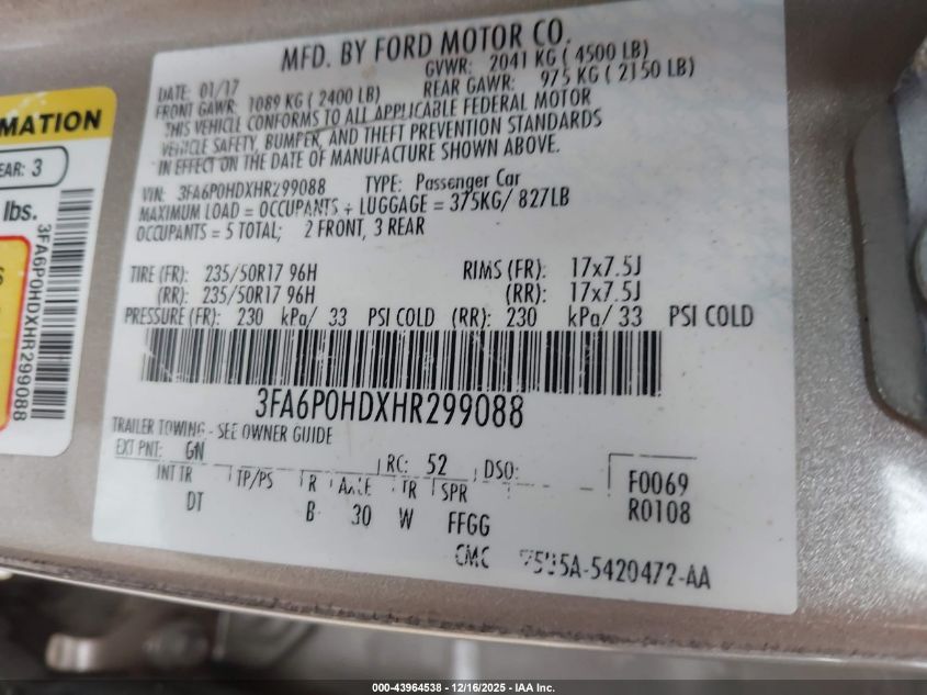 2017 Ford Fusion Se VIN: 3FA6P0HDXHR299088 Lot: 43964538