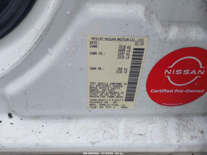 2020 Nissan Altima Sl Intelligent Awd VIN: 1N4BL4EW7LC233077 Lot: 43964540