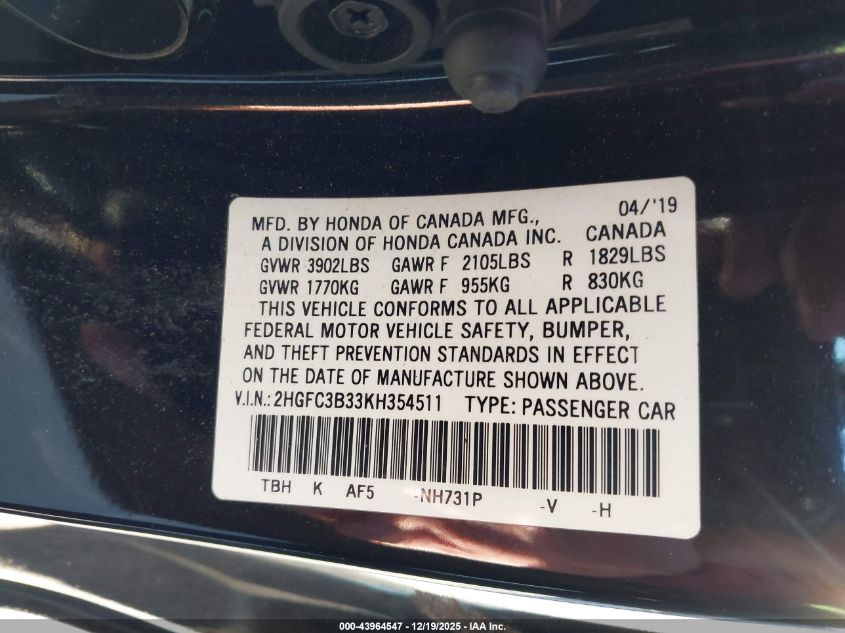 2019 Honda Civic Ex VIN: 2HGFC3B33KH354511 Lot: 43964547