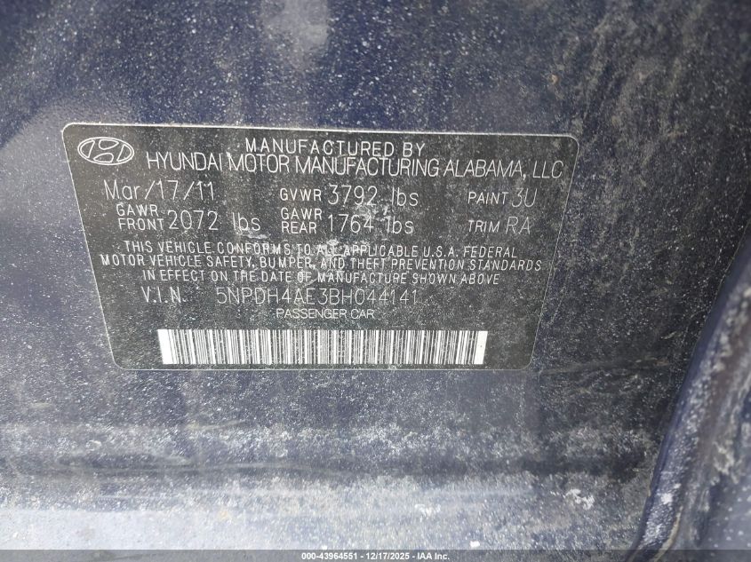 2011 Hyundai Elantra Limited VIN: 5NPDH4AE3BH044141 Lot: 43964551