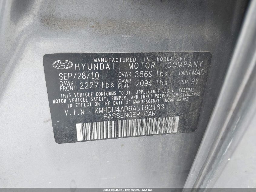 2010 Hyundai Elantra Gls VIN: KMHDU4AD9AU192183 Lot: 43964552