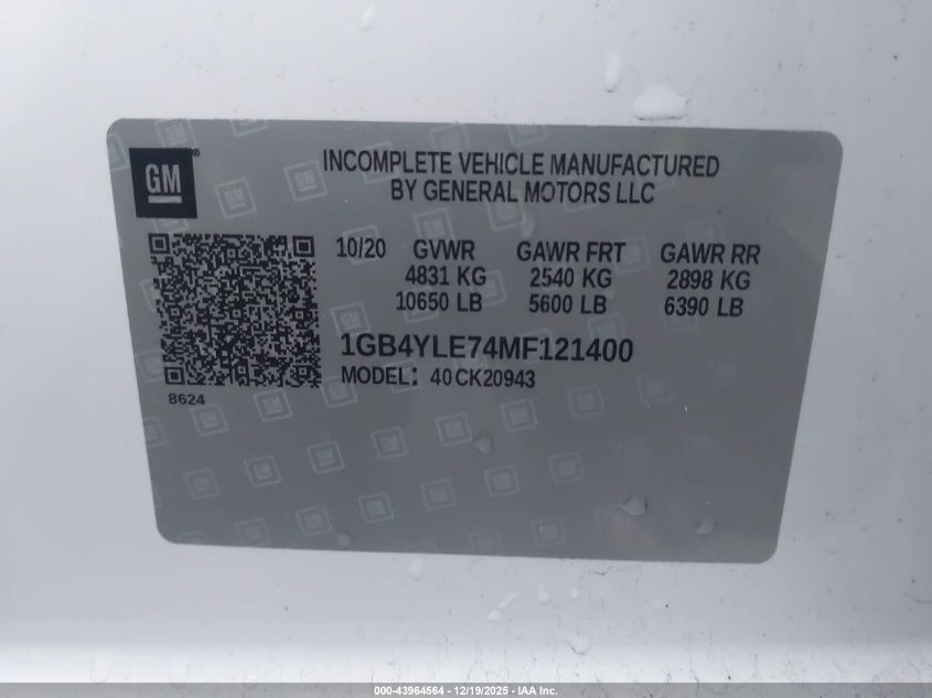 2021 Chevrolet Silverado 2500Hd 4Wd Long Bed Wt VIN: 1GB4YLE74MF121400 Lot: 43964564