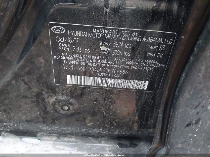 2018 Hyundai Elantra Limited VIN: 5NPD84LF6JH286586 Lot: 43964568