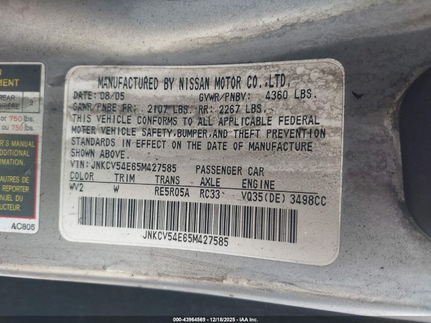 2005 Infiniti G35 VIN: JNKCV54E65M427585 Lot: 43964569