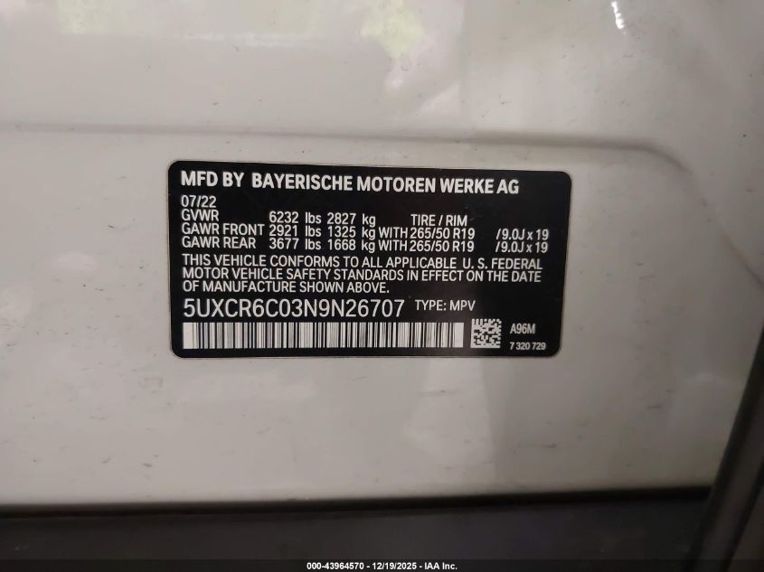 2022 BMW X5 xDrive40I VIN: 5UXCR6C03N9N26707 Lot: 43964570