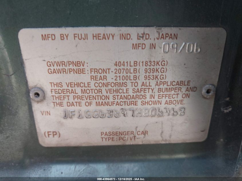 2007 Subaru Impreza Outback Sport VIN: JF1GG63647H806468 Lot: 43964573