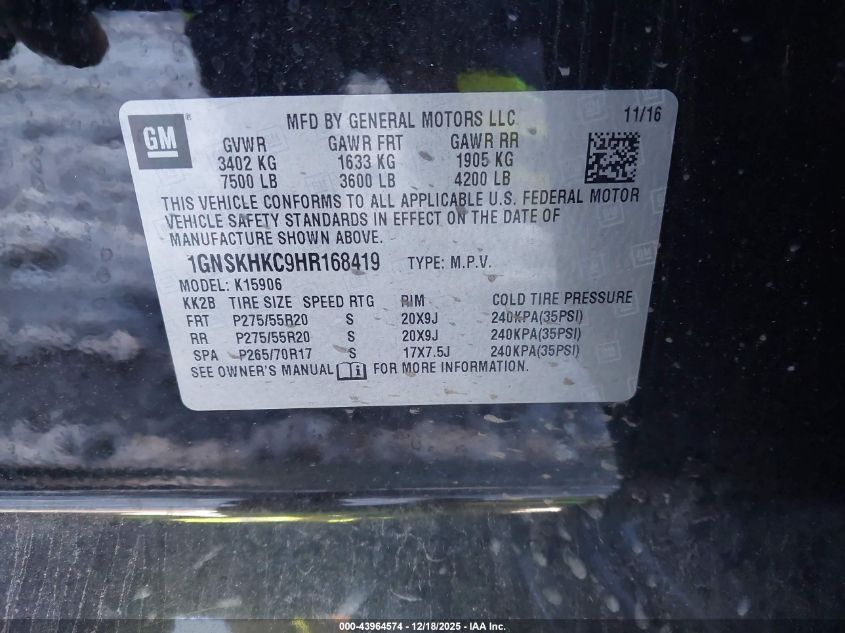 2017 Chevrolet Suburban Lt VIN: 1GNSKHKC9HR168419 Lot: 43964574