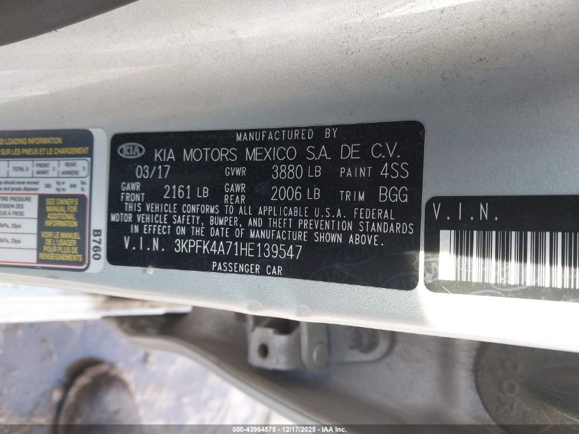 2017 Kia Forte Lx VIN: 3KPFK4A71HE139547 Lot: 43964575