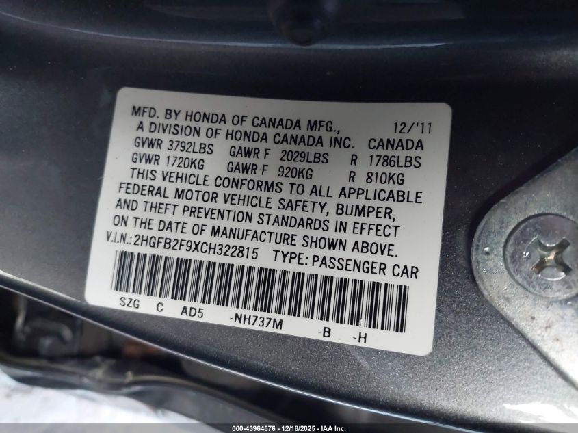 2012 Honda Civic Ex-L VIN: 2HGFB2F9XCH322815 Lot: 43964576