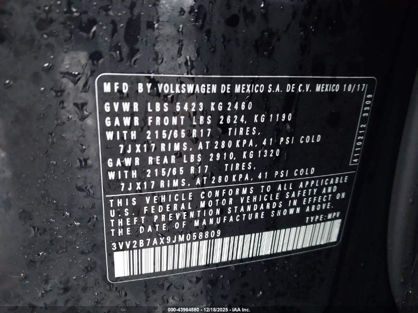 2018 Volkswagen Tiguan 2.0T Se/2.0T Sel VIN: 3VV2B7AX9JM058809 Lot: 43964580