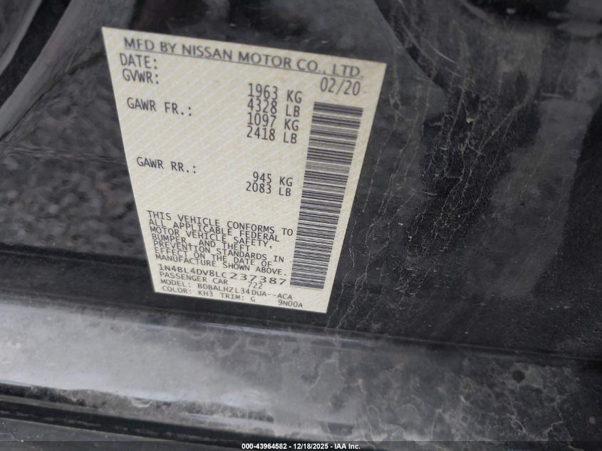 2020 Nissan Altima Sv Fwd VIN: 1N4BL4DV8LC237387 Lot: 43964582