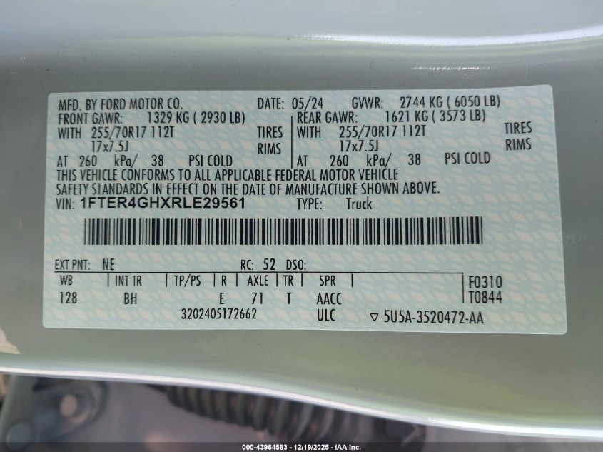 2024 Ford Ranger Xlt VIN: 1FTER4GHXRLE29561 Lot: 43964583