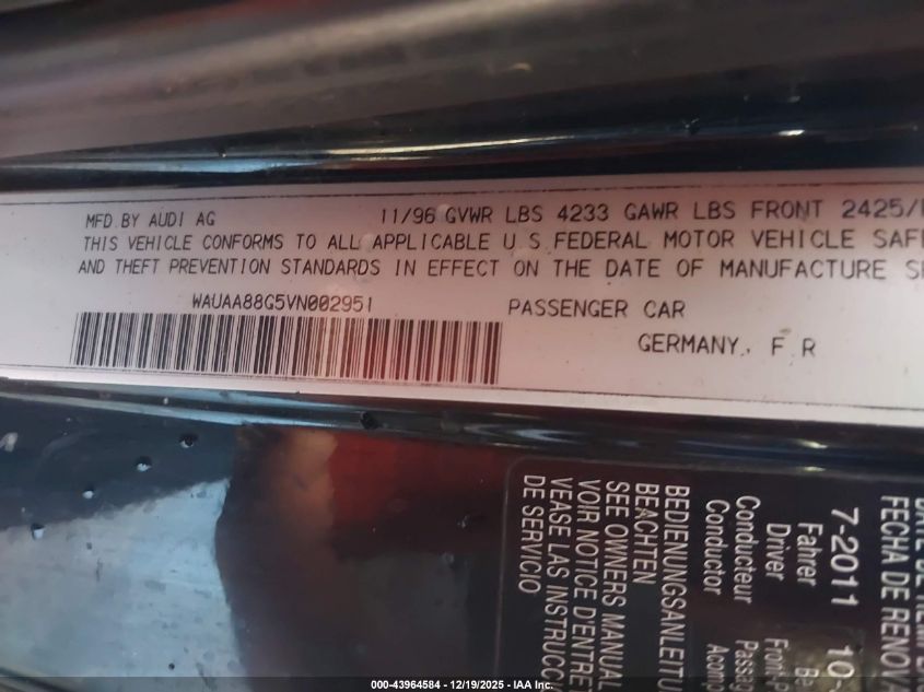 1997 Audi Cabriolet VIN: WAUAA88G5VN002951 Lot: 43964584
