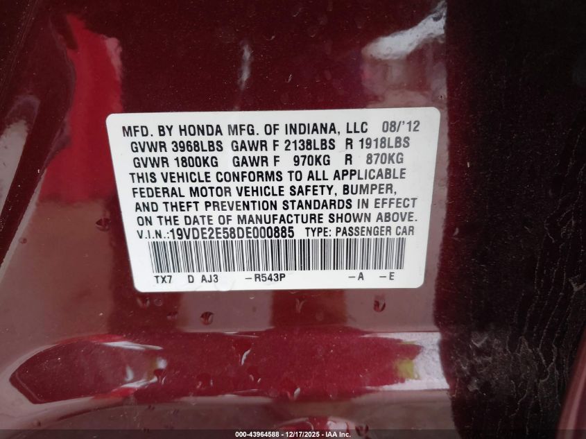 2013 Acura Ilx 2.4L VIN: 19VDE2E58DE000885 Lot: 43964588