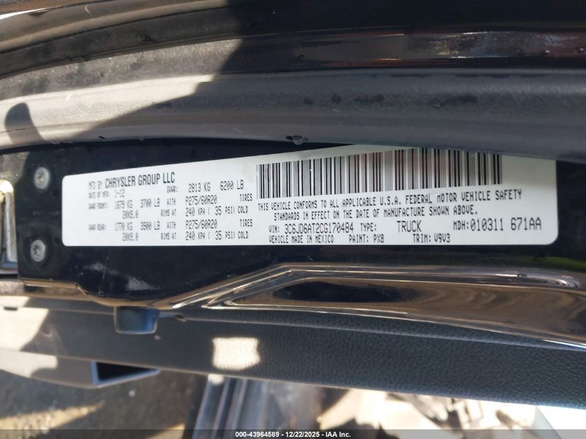 2012 Ram 1500 St VIN: 3C6JD6AT2CG170484 Lot: 43964589