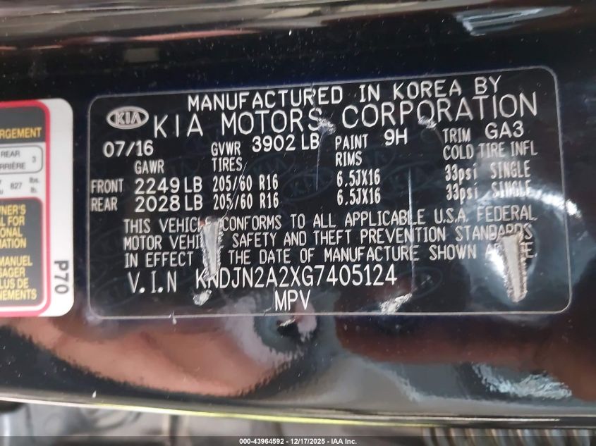 2016 Kia Soul VIN: KNDJN2A2XG7405124 Lot: 43964592